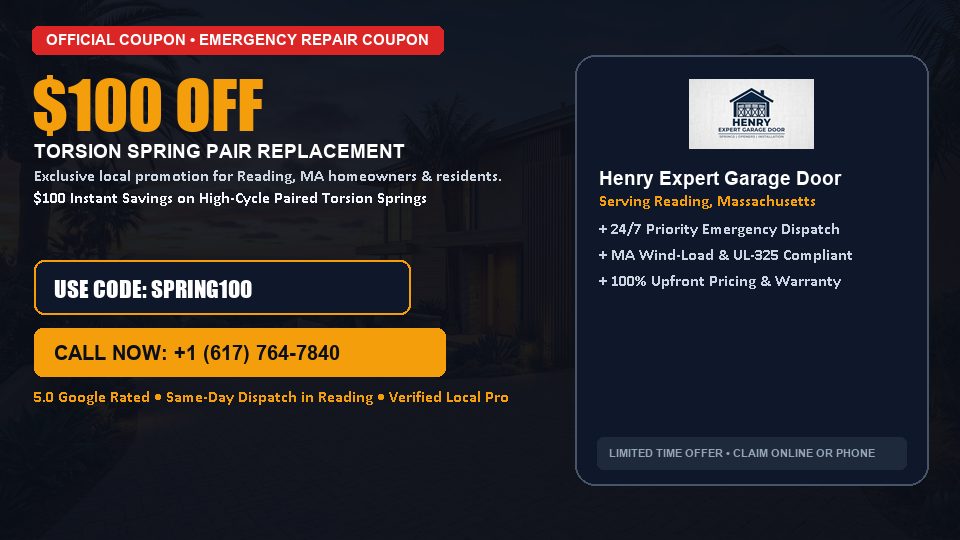 $100 OFF Dual High-Cycle Torsion Spring Replacement in Reading, MA - Henry Expert Garage Door