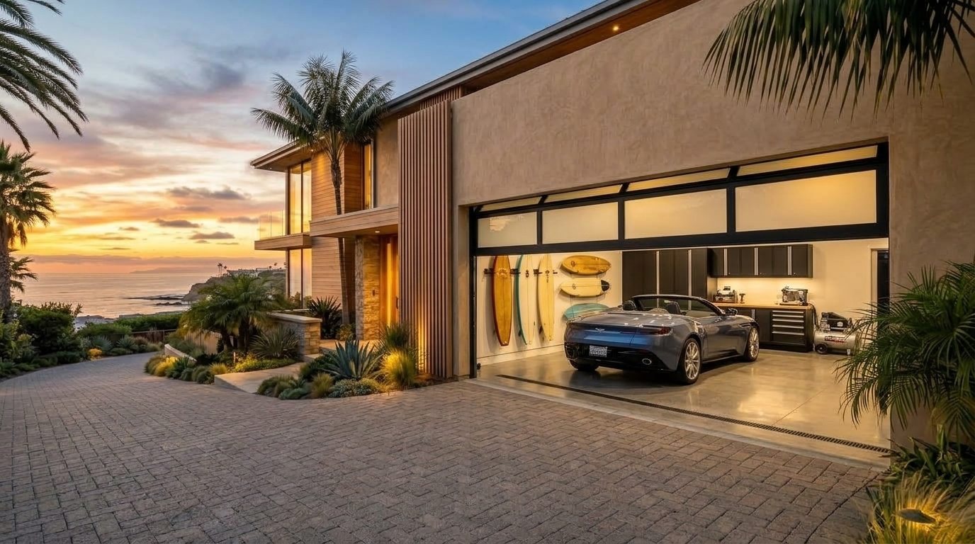 Henry Expert Garage Door Garage Door Gliding Open Revealing Warm Illuminated Interior